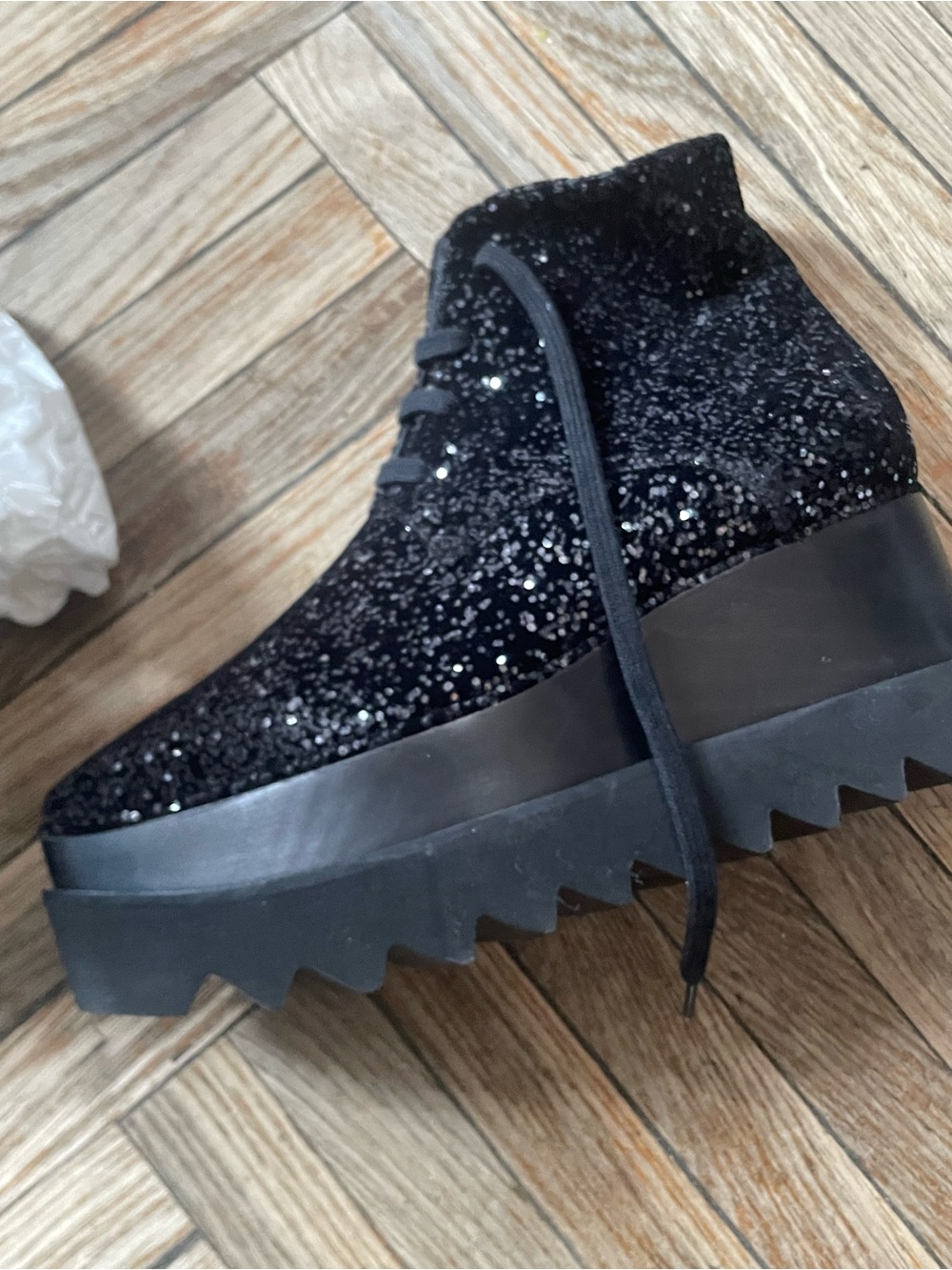 Stella McCartney Black Glitter Lug Platform Lace-Up Boots